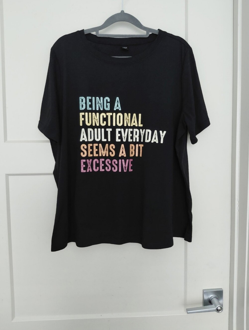 Black Graphic Tee with Multicolor Text - 'Being a Functional Adult'